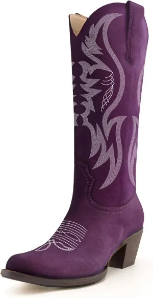 KaroNairy Women Cowboy Boots Faux Suede Embroidered Pointed Thick Heeled Western Wide Calf Cowgirl Ponited Toe Mid Calf Boots