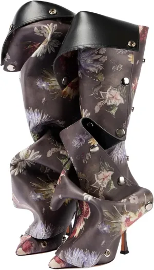 KaroNairy Women Stiletto Knee High Boots Slouch Pointed Toe High Heel Boot Detachable Snap-off Panel Shark Boots