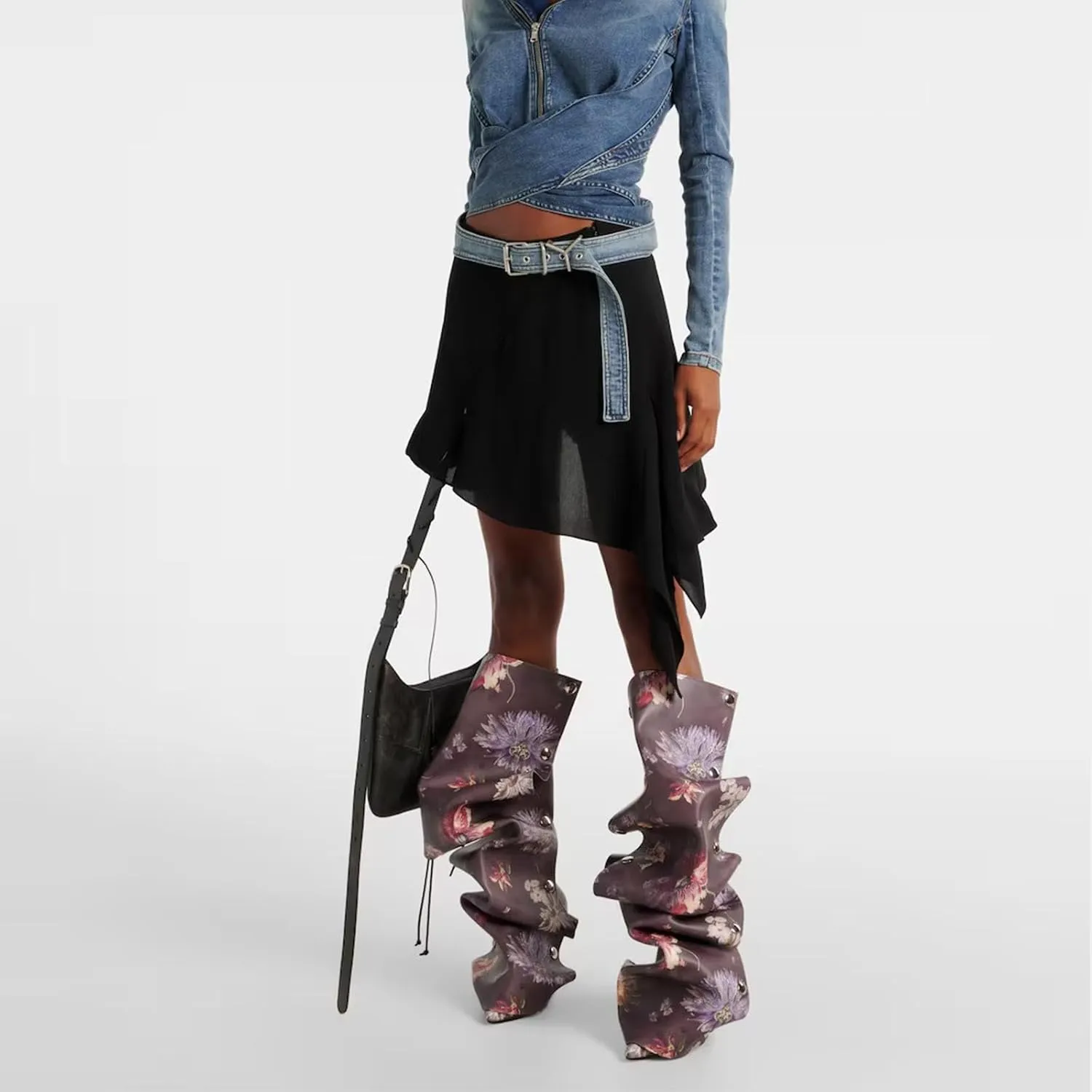 KaroNairy Women Stiletto Knee High Boots Slouch Pointed Toe High Heel Boot Detachable Snap-off Panel Shark Boots