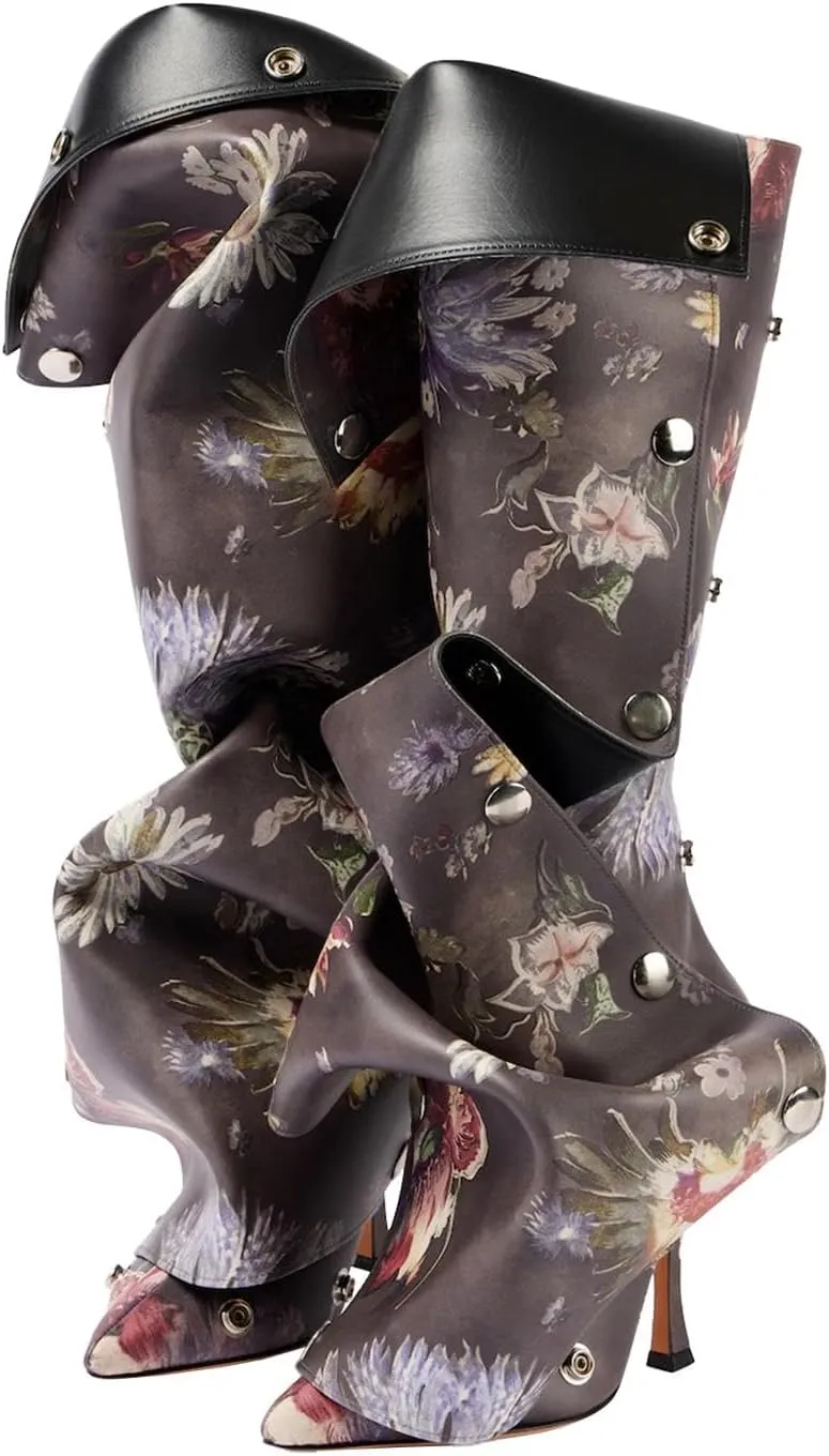 KaroNairy Women Stiletto Knee High Boots Slouch Pointed Toe High Heel Boot Detachable Snap-off Panel Shark Boots