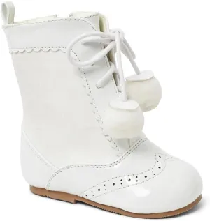 Kids Sienna Patent Unisex Brogue Ankle Boots with Lace-Up & Pom-Pom in 6 Multi Colours