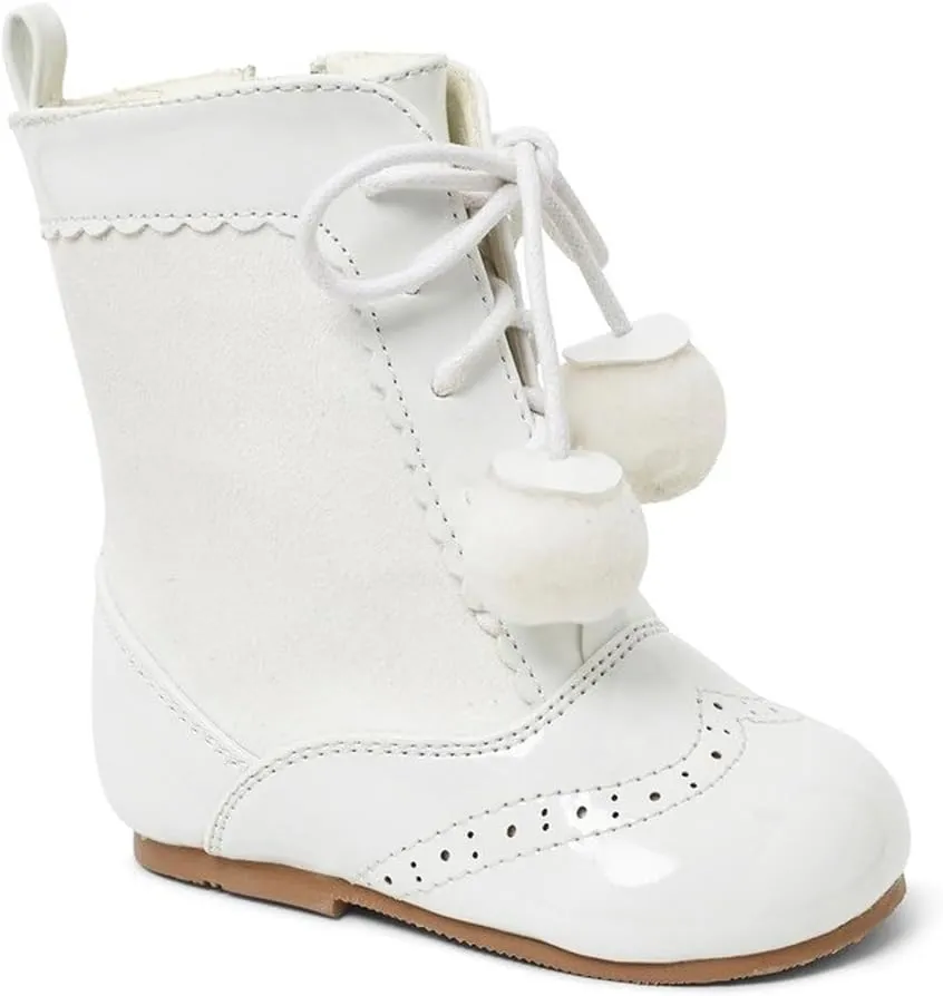 Kids Sienna Patent Unisex Brogue Ankle Boots with Lace-Up & Pom-Pom in 6 Multi Colours