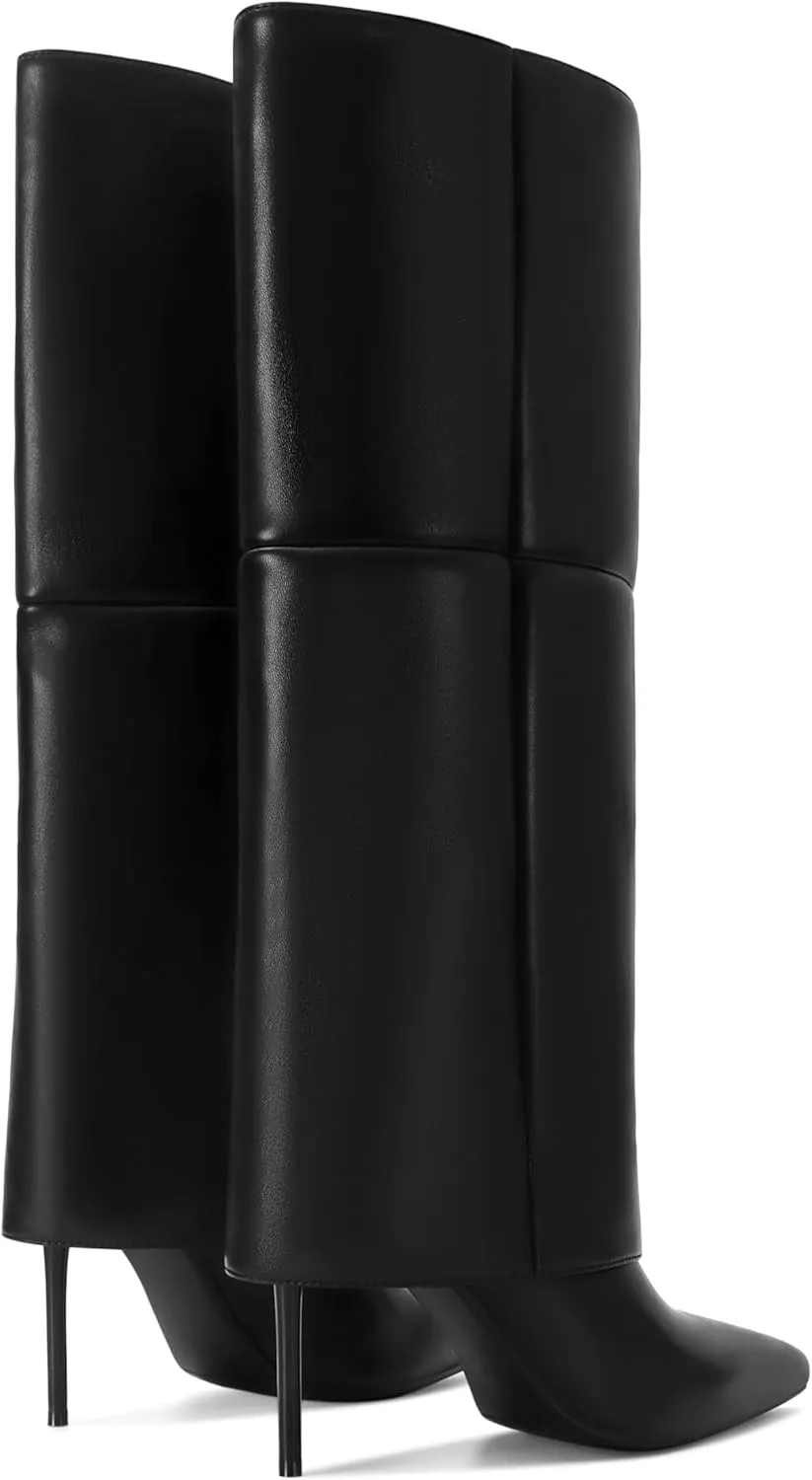 Knee High Boots for Women Fold Over Stiletto High Heel Tall Boots Pointed Toe Slip On Long Booties Fashion Comfortable Dress Shoes