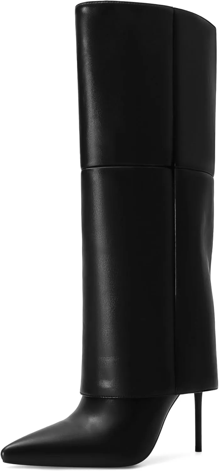 Knee High Boots for Women Fold Over Stiletto High Heel Tall Boots Pointed Toe Slip On Long Booties Fashion Comfortable Dress Shoes