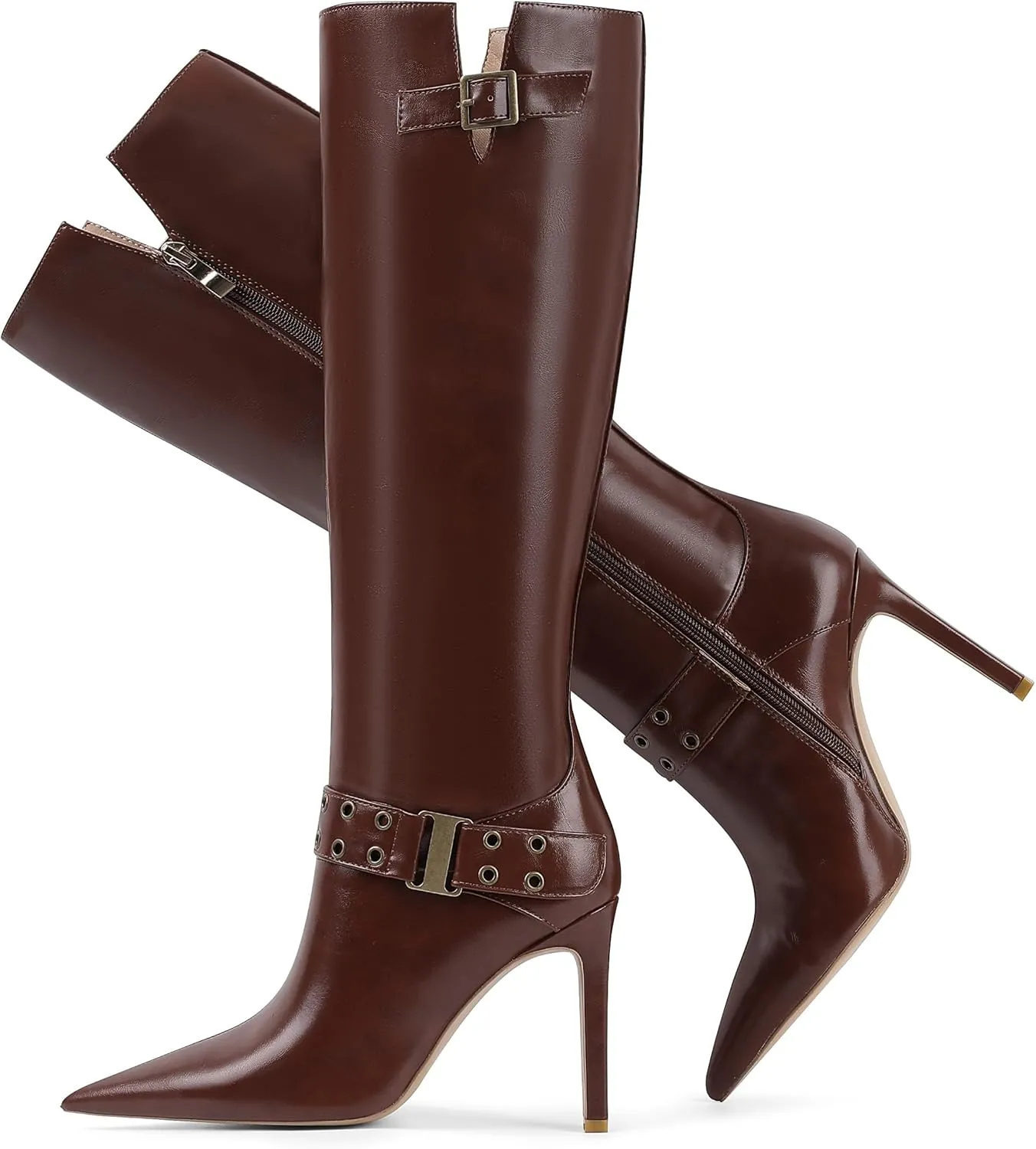 Knee High Boots for Women Pointed Toe Tall Boots Sexy Buckle High Heel Boots Fashion Dress Heeled Boots Side Zipper Stiletto Long Boots