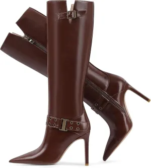 Knee High Boots for Women Pointed Toe Tall Boots Sexy Buckle High Heel Boots Fashion Dress Heeled Boots Side Zipper Stiletto Long Boots