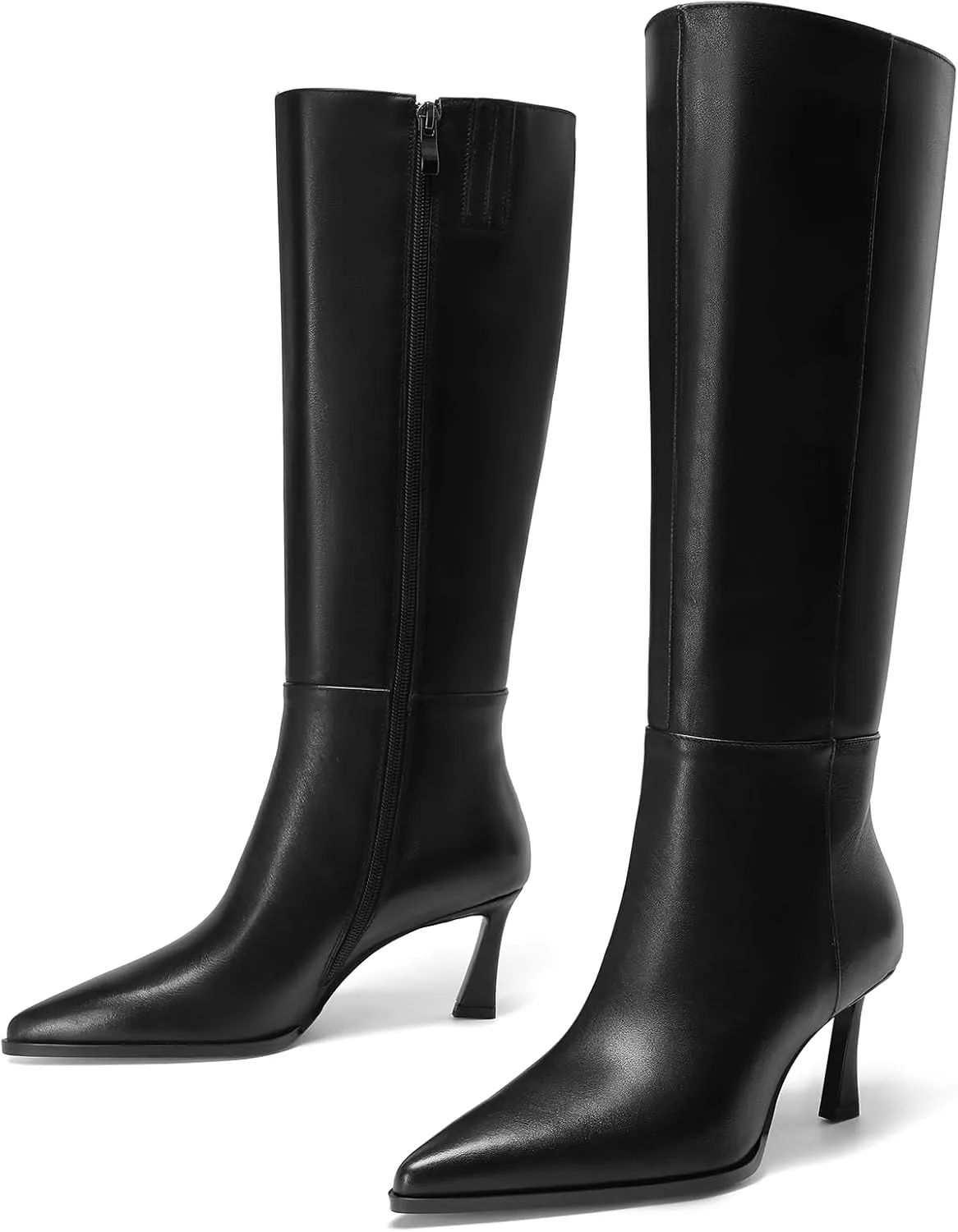 Knee High Boots Women 2.8 In Stiletto Boots for Women High Heel Faux Leather Pointed Toe Side Zipper Dress Kitten Heel