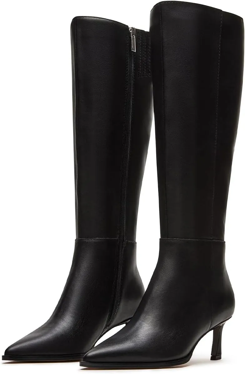 Knee High Boots Women 2.8 In Stiletto Boots for Women High Heel Faux Leather Pointed Toe Side Zipper Dress Kitten Heel