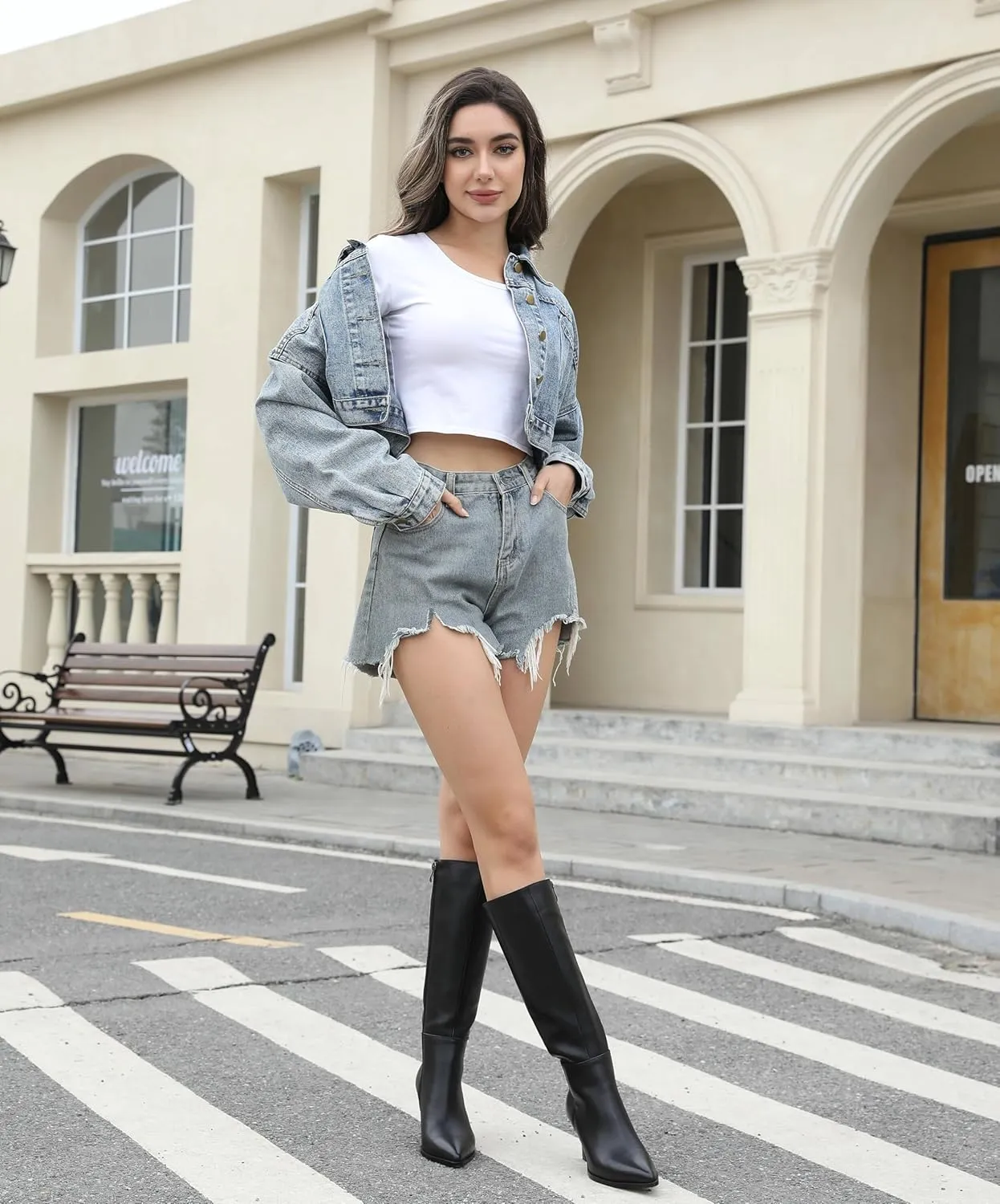 Knee High Boots Women 2.8 In Stiletto Boots for Women High Heel Faux Leather Pointed Toe Side Zipper Dress Kitten Heel