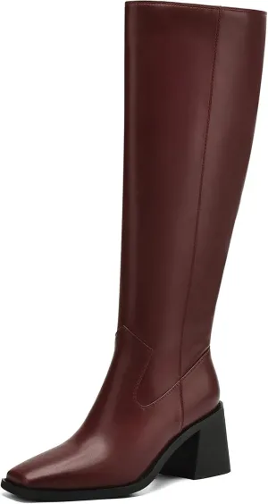 Knee High Boots Women Chunky Heel Fashion Faux Leather Tall Boots Square Toe Block Heeled Long Riding Boots
