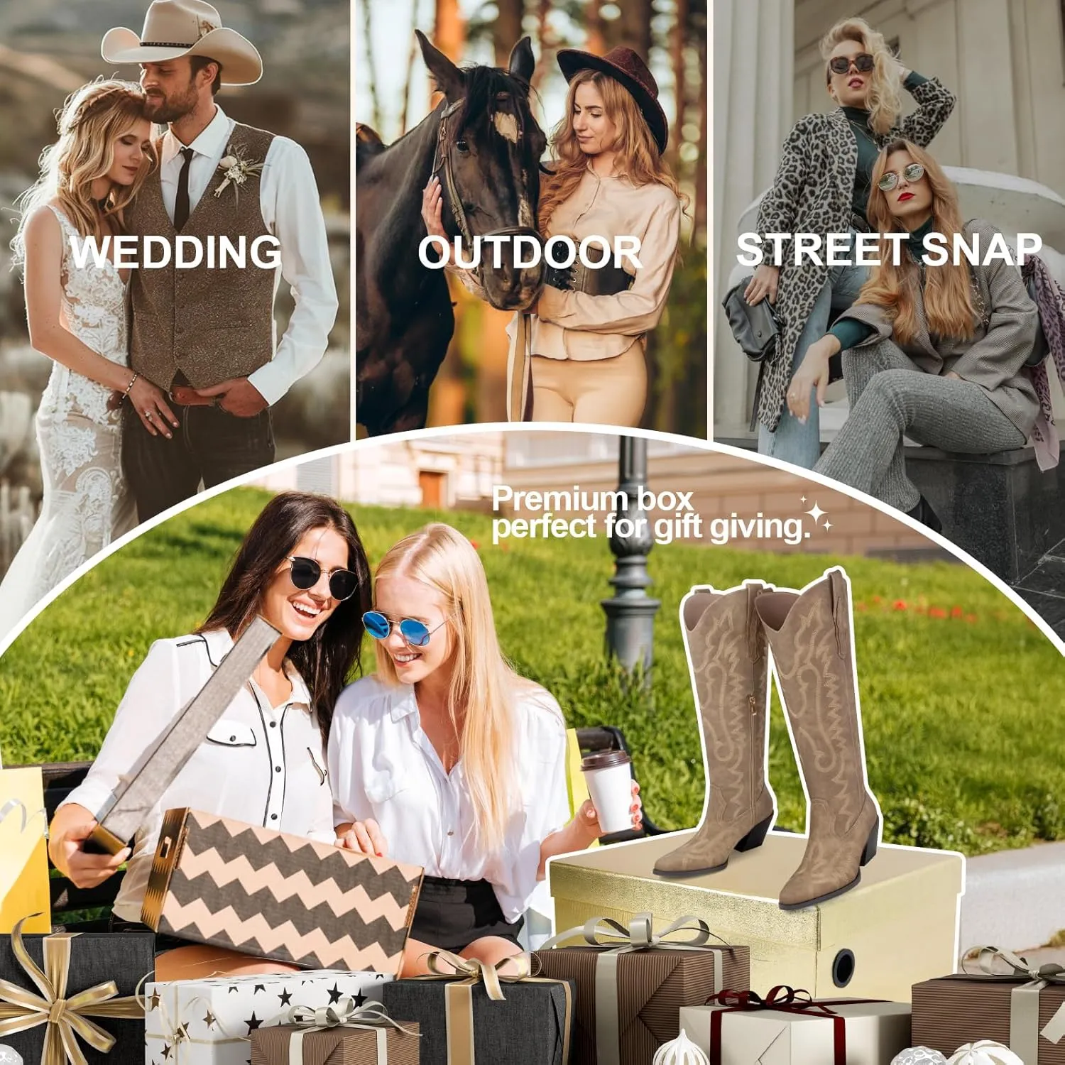 Knee High Embroidered Cowboy Boots Women Wide Calf Boots With Half Zip Western Pointed Toe Cowgirl Boots For Lady Size 7-10