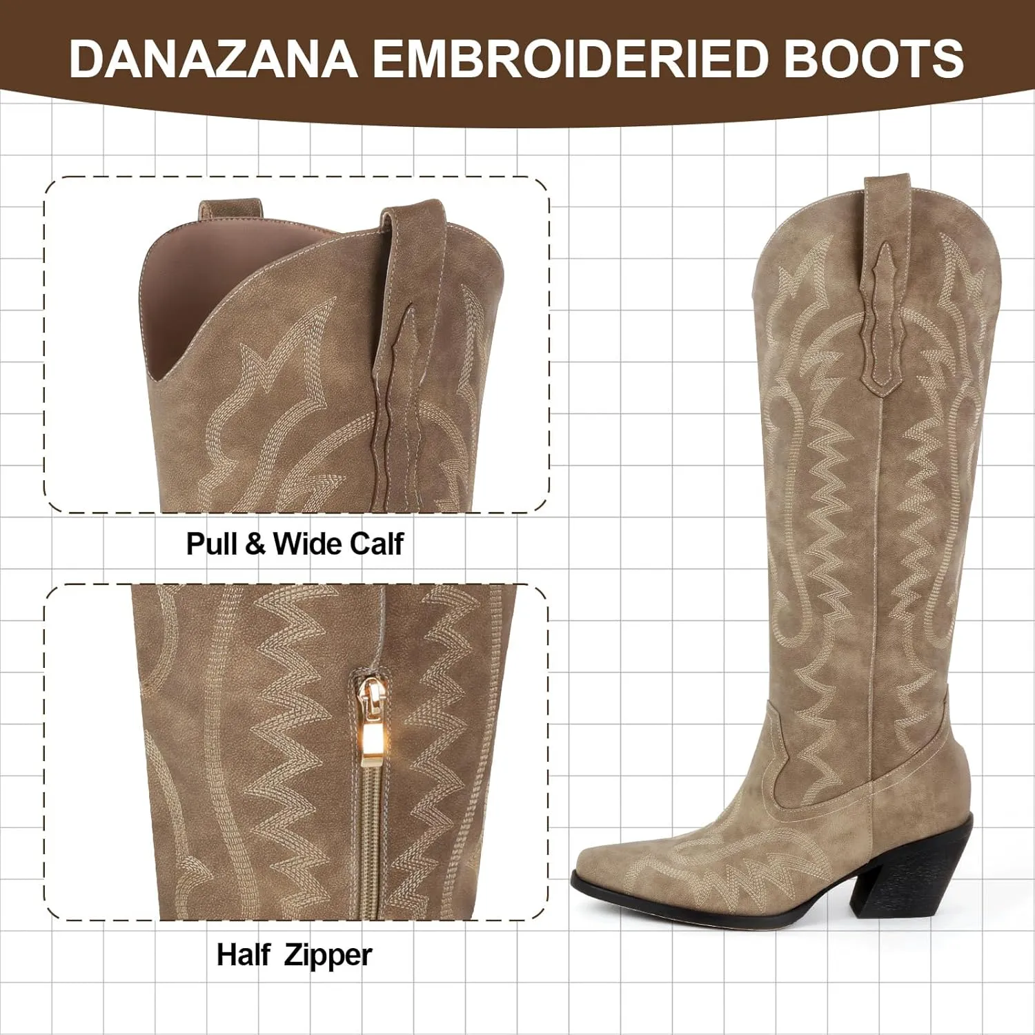 Knee High Embroidered Cowboy Boots Women Wide Calf Boots With Half Zip Western Pointed Toe Cowgirl Boots For Lady Size 7-10