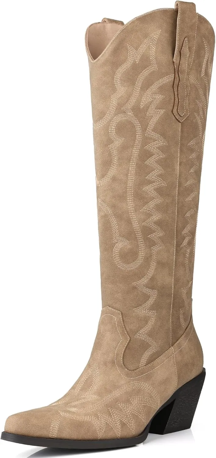 Knee High Embroidered Cowboy Boots Women Wide Calf Boots With Half Zip Western Pointed Toe Cowgirl Boots For Lady Size 7-10
