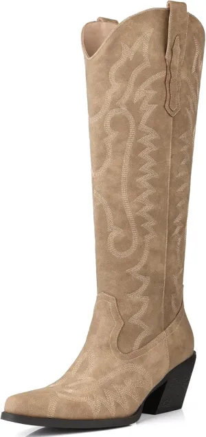 Knee High Embroidered Cowboy Boots Women Wide Calf Boots With Half Zip Western Pointed Toe Cowgirl Boots For Lady Size 7-10