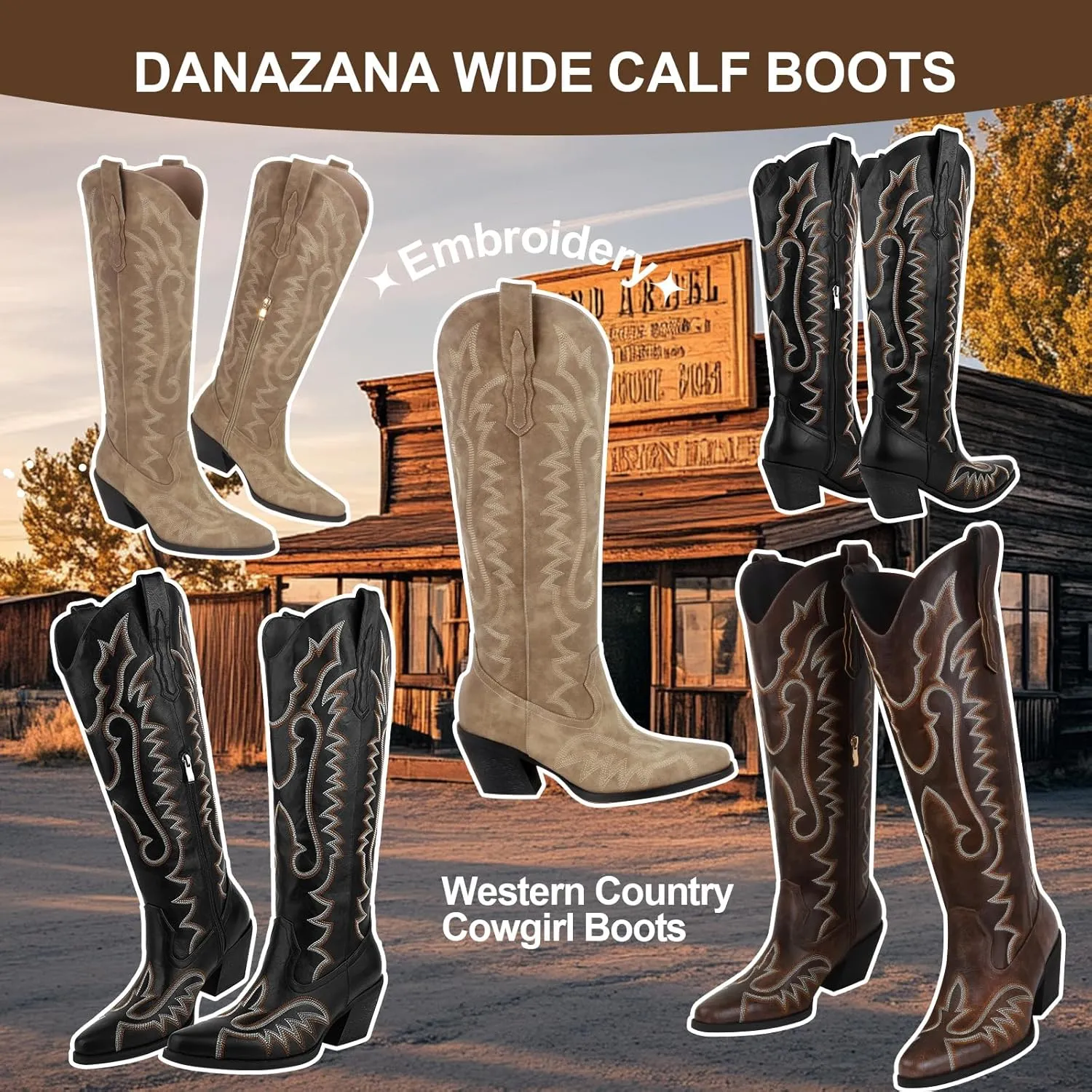 Knee High Embroidered Cowboy Boots Women Wide Calf Boots With Half Zip Western Pointed Toe Cowgirl Boots For Lady Size 7-10