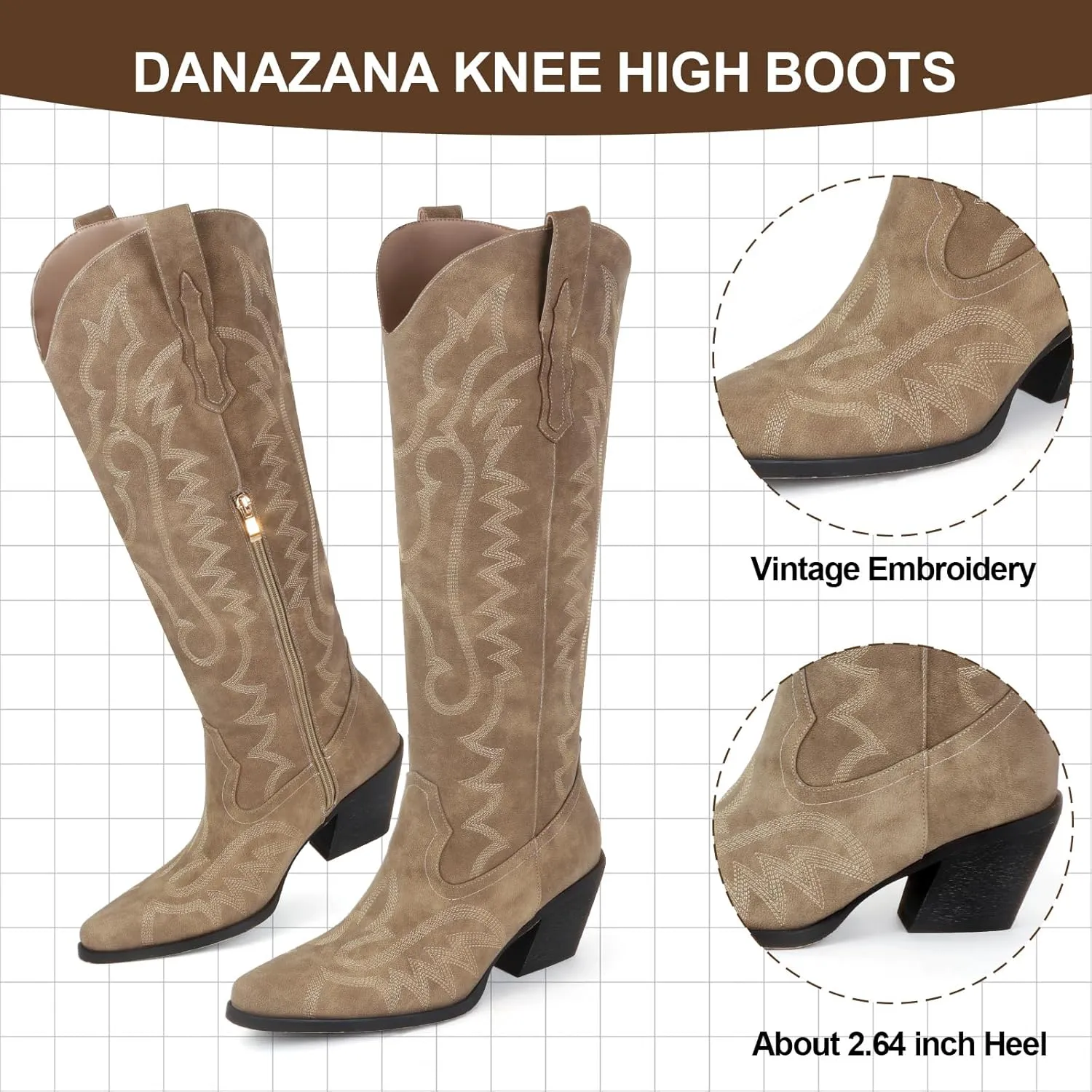 Knee High Embroidered Cowboy Boots Women Wide Calf Boots With Half Zip Western Pointed Toe Cowgirl Boots For Lady Size 7-10