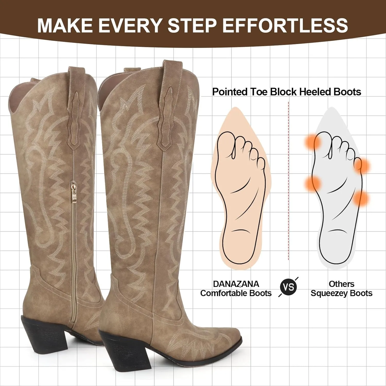 Knee High Embroidered Cowboy Boots Women Wide Calf Boots With Half Zip Western Pointed Toe Cowgirl Boots For Lady Size 7-10
