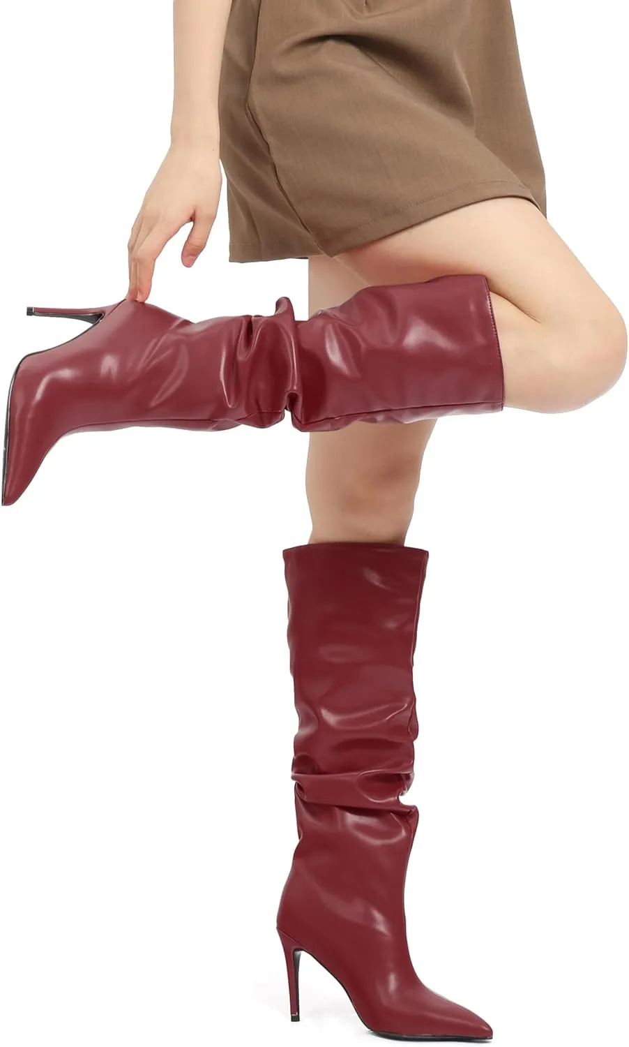 KUOARN Knee High Boots Women Stiletto High Heels Pointed Toe Wide Calf Boots for Women Comfortable Fashion Slouchy Tall Boots Pull on Dating Prom Party Dress Boots