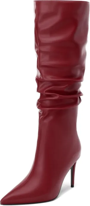KUOARN Knee High Boots Women Stiletto High Heels Pointed Toe Wide Calf Boots for Women Comfortable Fashion Slouchy Tall Boots Pull on Dating Prom Party Dress Boots