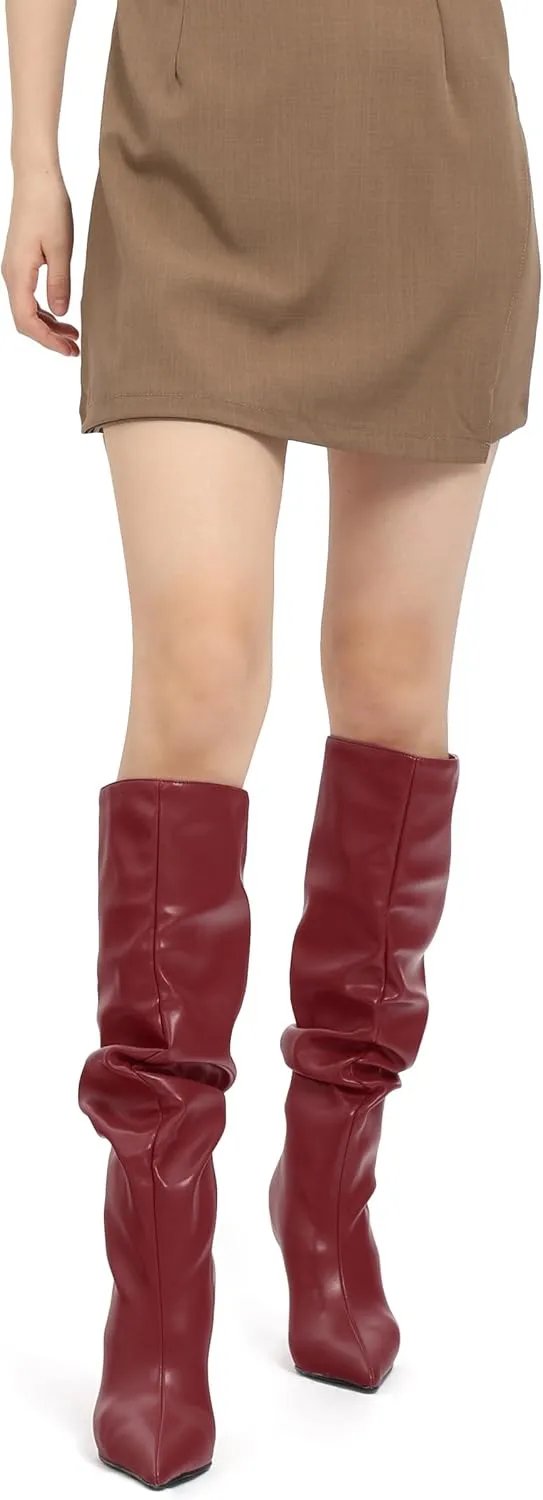 KUOARN Knee High Boots Women Stiletto High Heels Pointed Toe Wide Calf Boots for Women Comfortable Fashion Slouchy Tall Boots Pull on Dating Prom Party Dress Boots