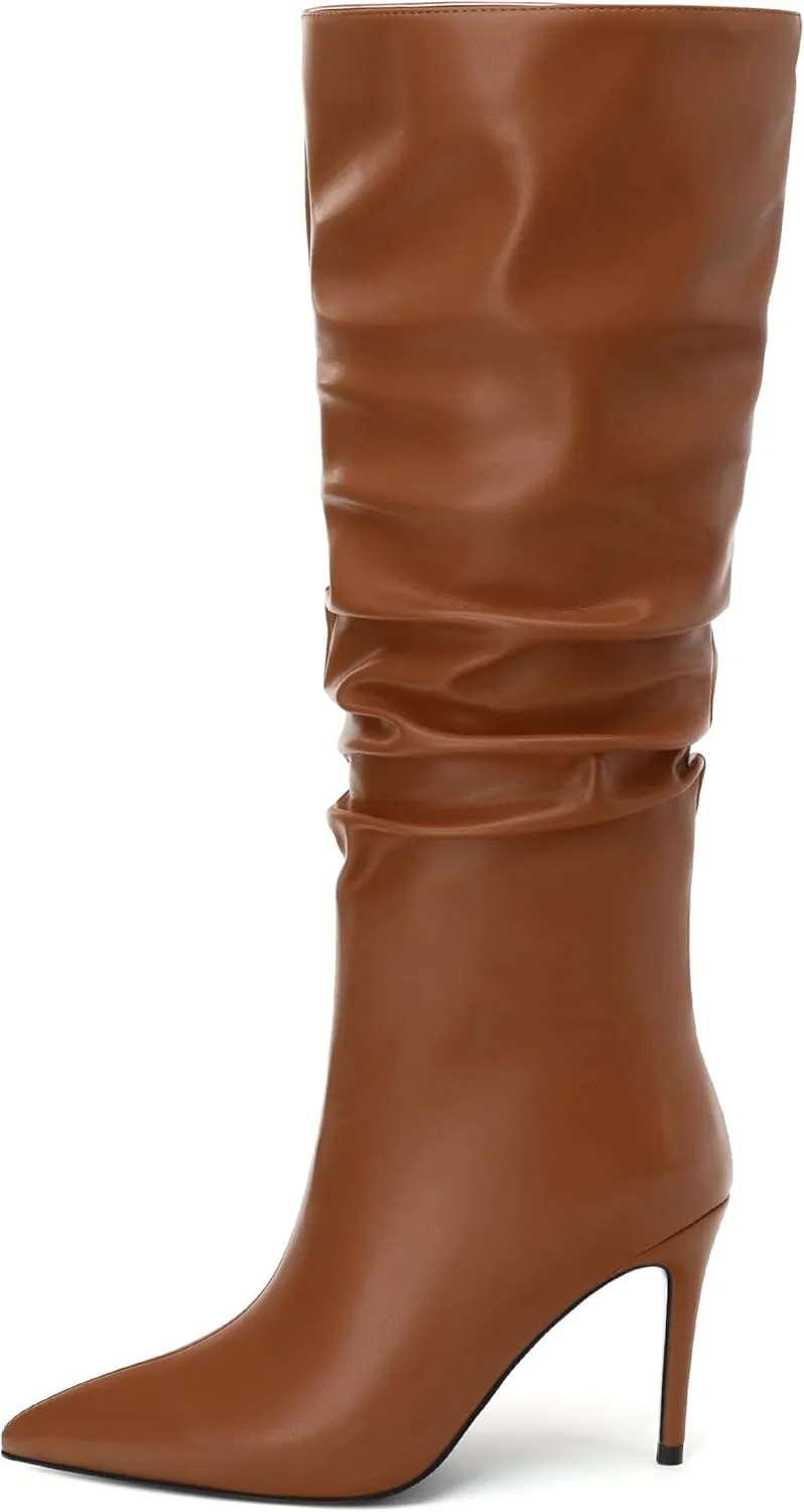 KUOARN Knee High Boots Women Stiletto High Heels Pointed Toe Wide Calf Boots for Women Comfortable Fashion Slouchy Tall Boots Pull on Dating Prom Party Dress Boots