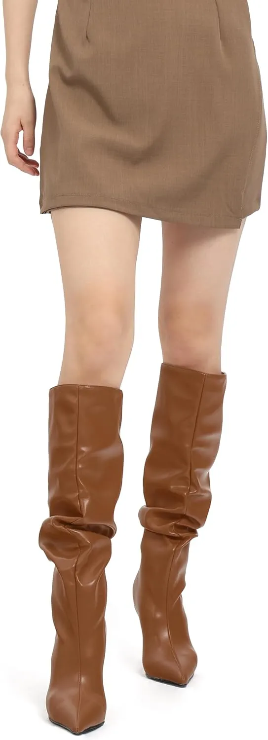 KUOARN Knee High Boots Women Stiletto High Heels Pointed Toe Wide Calf Boots for Women Comfortable Fashion Slouchy Tall Boots Pull on Dating Prom Party Dress Boots