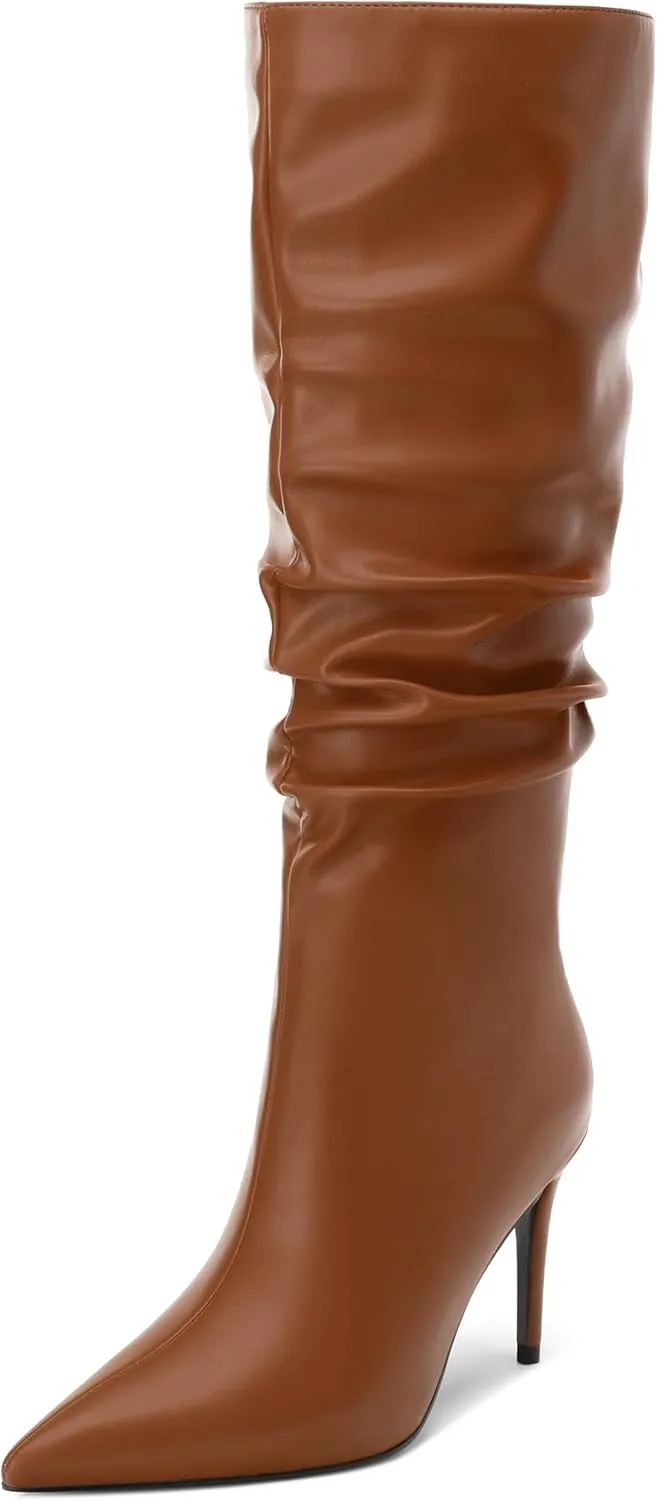KUOARN Knee High Boots Women Stiletto High Heels Pointed Toe Wide Calf Boots for Women Comfortable Fashion Slouchy Tall Boots Pull on Dating Prom Party Dress Boots