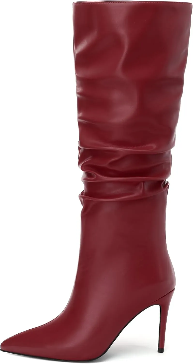 KUOARN Knee High Boots Women Stiletto High Heels Pointed Toe Wide Calf Boots for Women Comfortable Fashion Slouchy Tall Boots Pull on Dating Prom Party Dress Boots