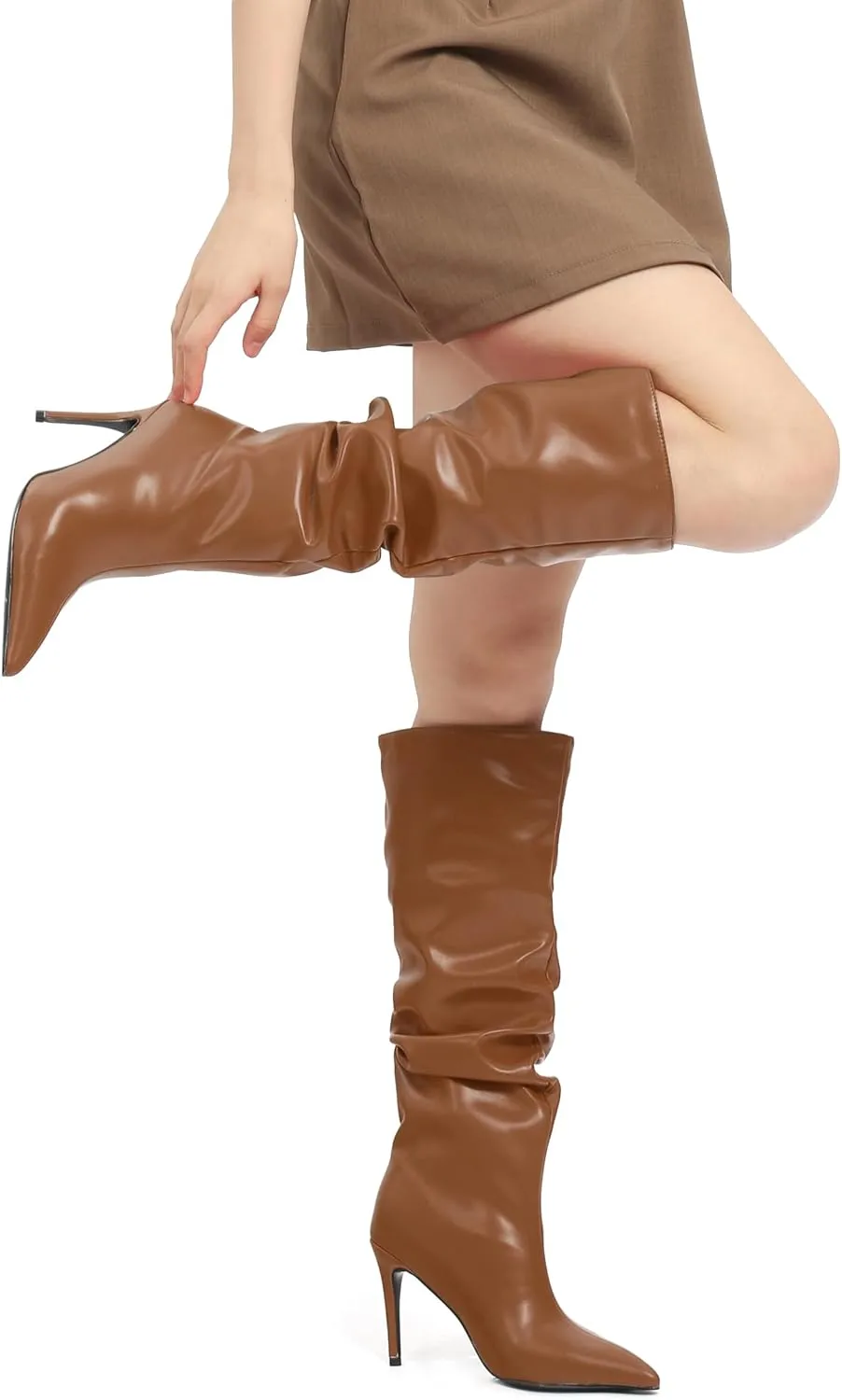 KUOARN Knee High Boots Women Stiletto High Heels Pointed Toe Wide Calf Boots for Women Comfortable Fashion Slouchy Tall Boots Pull on Dating Prom Party Dress Boots