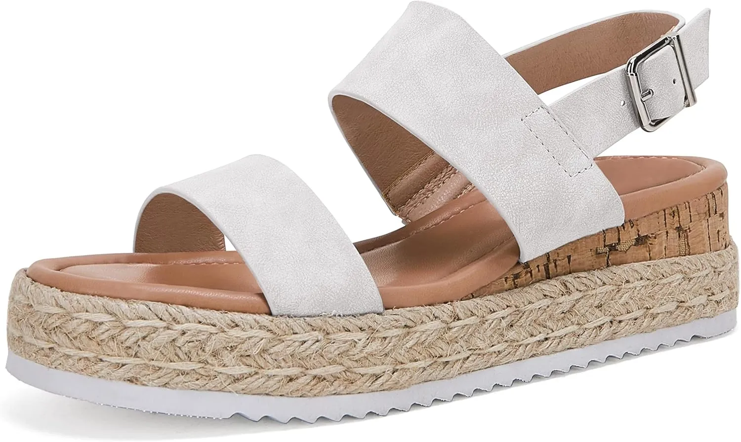 LAICIGO Women’s Open Toe Wedge Platform Espadrilles Ankle Strap Buckle Faux Leather Cork Rubber Summer Sandals