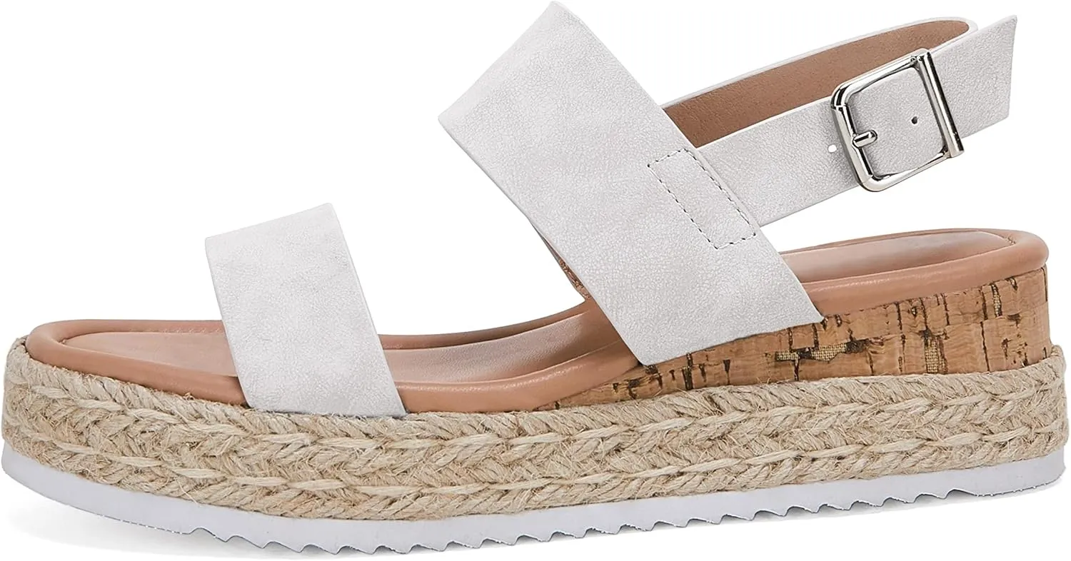LAICIGO Women’s Open Toe Wedge Platform Espadrilles Ankle Strap Buckle Faux Leather Cork Rubber Summer Sandals