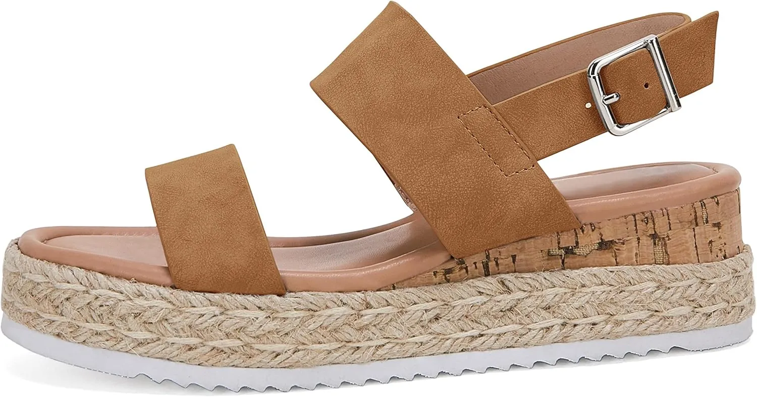 LAICIGO Women’s Open Toe Wedge Platform Espadrilles Ankle Strap Buckle Faux Leather Cork Rubber Summer Sandals