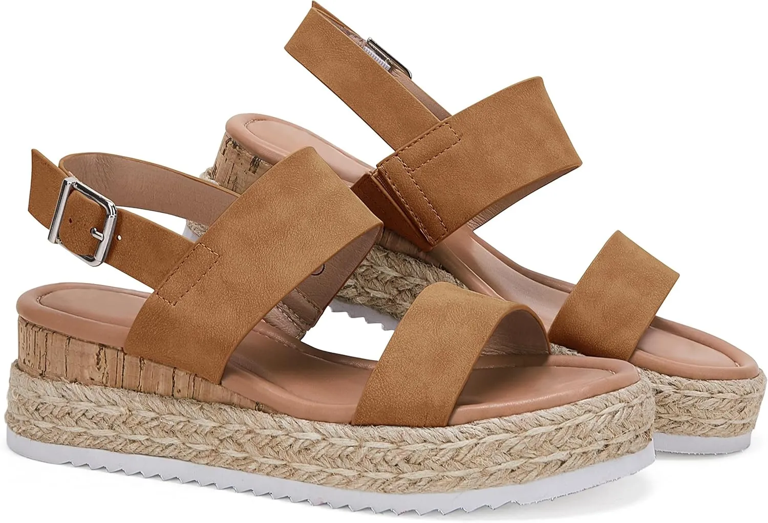 LAICIGO Women’s Open Toe Wedge Platform Espadrilles Ankle Strap Buckle Faux Leather Cork Rubber Summer Sandals