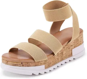 LAICIGO Women’s Open Toe Wedge Platform Sandals Ankle Elastic Strap Cork Flatform Slingback Summer Sandals