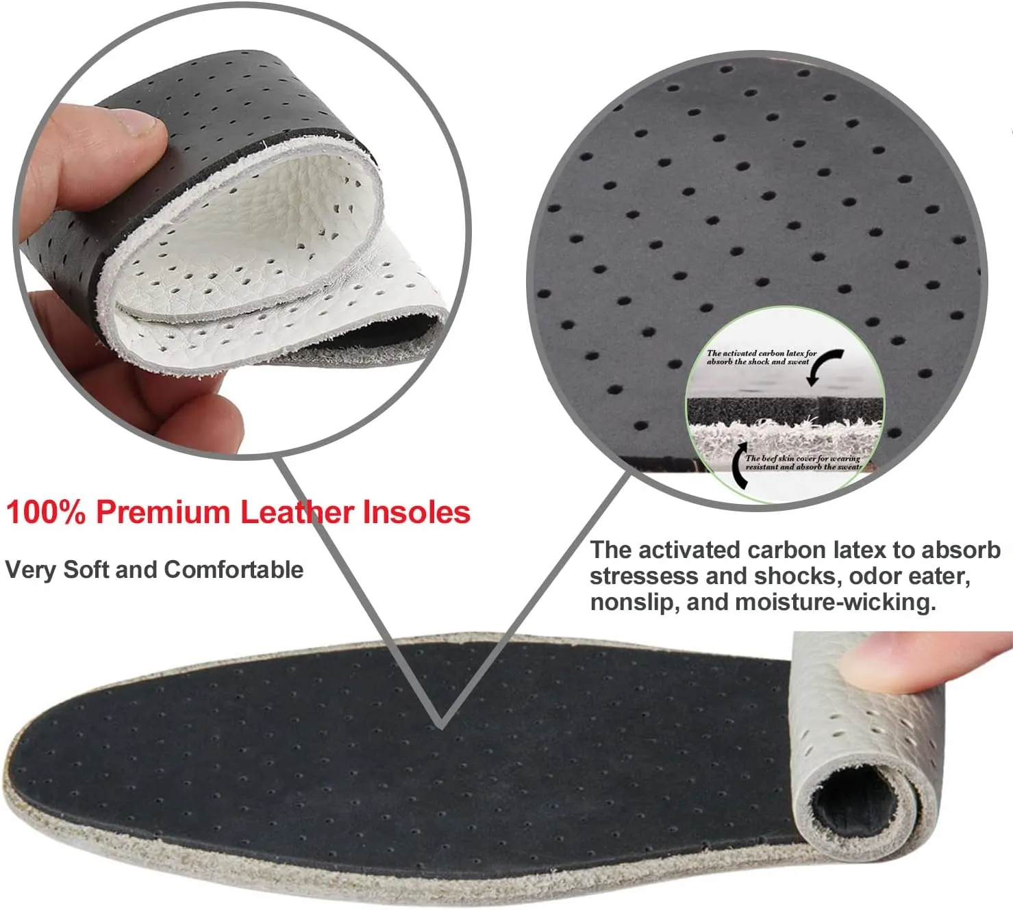 Leather Inserts for Women Thick Leather Shoe Inserts for Boots Men Nonslip Shoe Pads with Carbon Foam for Odor Eaters Shoe Liners for Sandals (3 Pairs/Mens 6-6.5 / Womens 8-8.5 M)