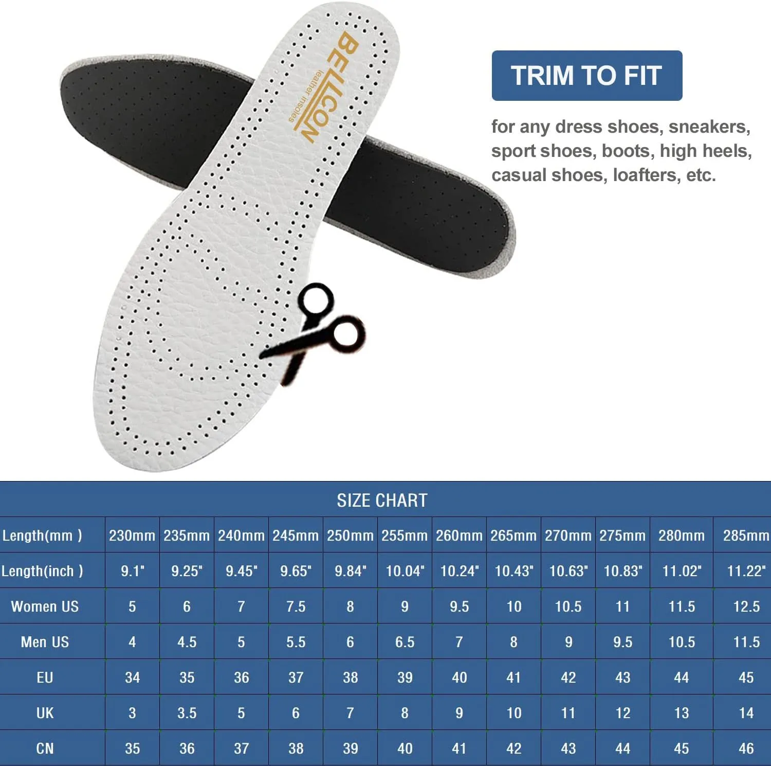 Leather Inserts for Women Thick Leather Shoe Inserts for Boots Men Nonslip Shoe Pads with Carbon Foam for Odor Eaters Shoe Liners for Sandals (3 Pairs/Mens 6-6.5 / Womens 8-8.5 M)
