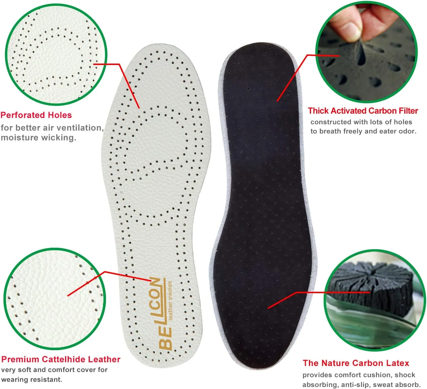 Leather Inserts for Women Thick Leather Shoe Inserts for Boots Men Nonslip Shoe Pads with Carbon Foam for Odor Eaters Shoe Liners for Sandals (3 Pairs/Mens 6-6.5 / Womens 8-8.5 M)