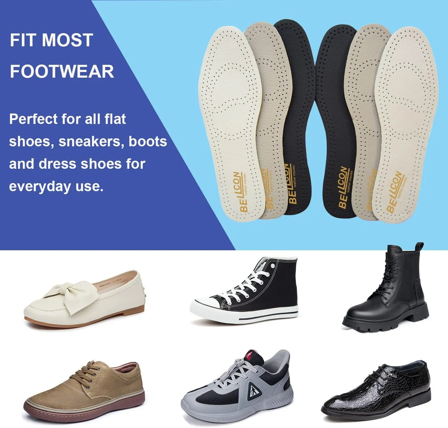 Leather Inserts for Women Thick Leather Shoe Inserts for Boots Men Nonslip Shoe Pads with Carbon Foam for Odor Eaters Shoe Liners for Sandals (3 Pairs/Mens 6-6.5 / Womens 8-8.5 M)