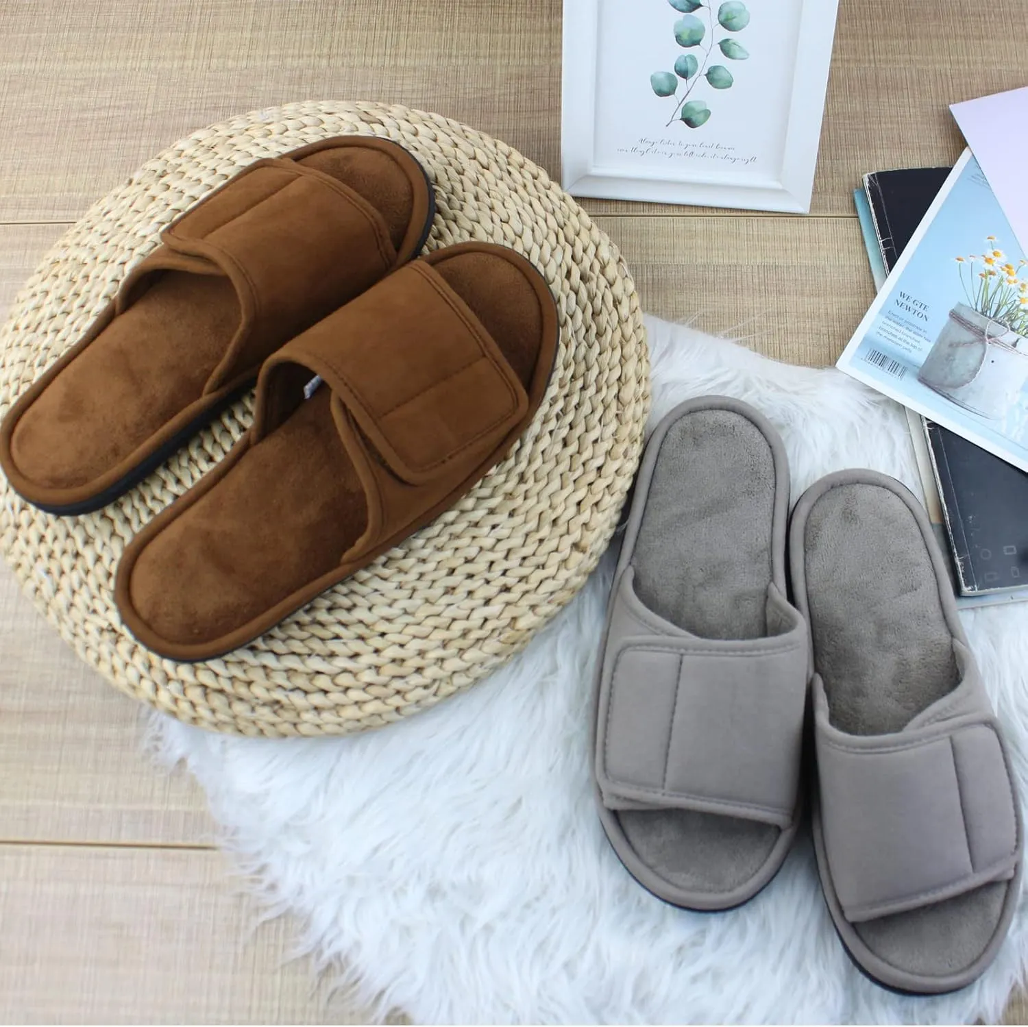 Magtoe Adjustable House Slippers for Men Soft Open Toe Breathable Indoor Slip on Mens Slides Sandals with Memory Foam for Home Bedroom,All Seasons
