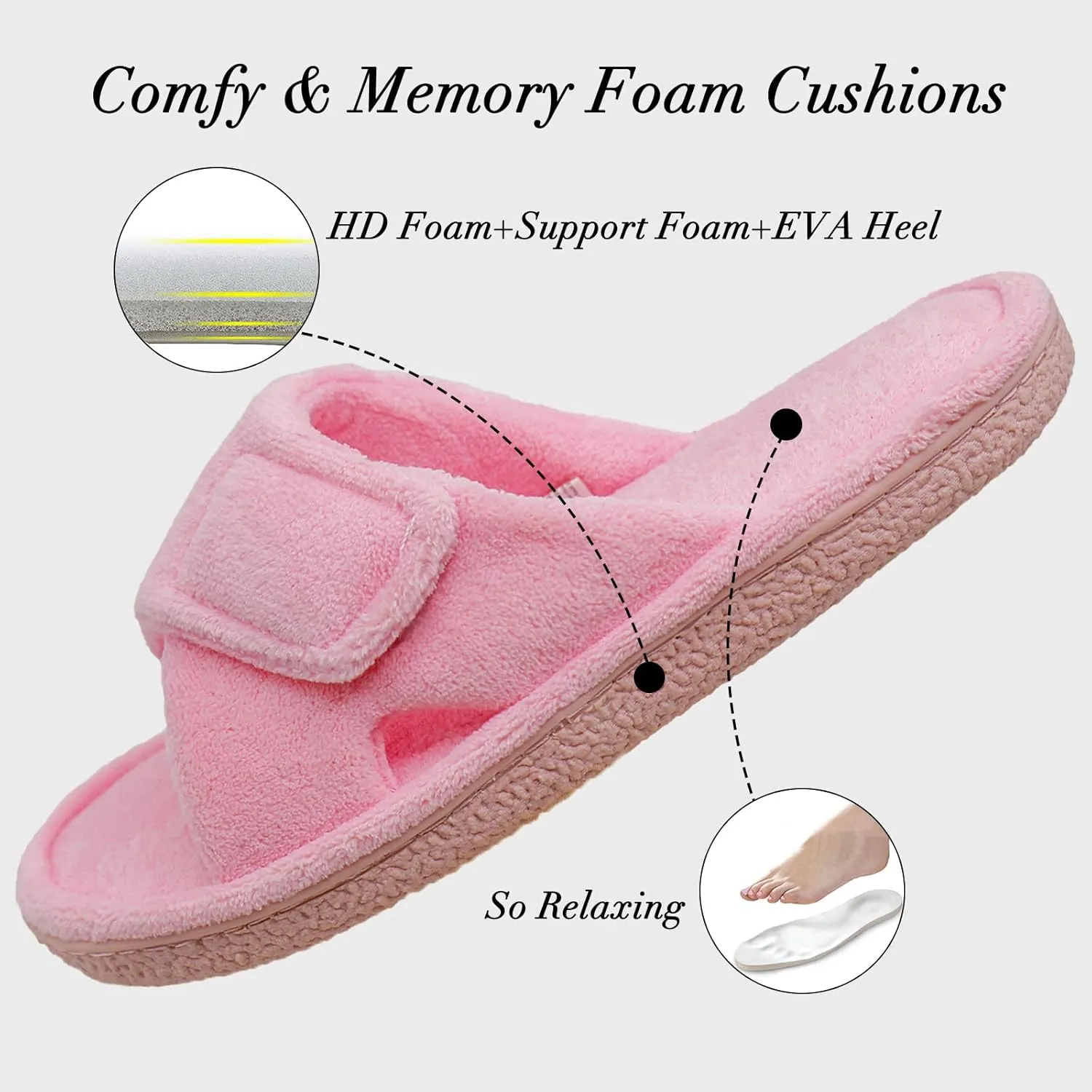 Magtoe Adjustable Open Toe House Slippers for Women Memory Foam Indoor Slip on Slides Sandals Lady Home Shoes for Air Conditioning Room,Spa,Bedroom,All Seasons
