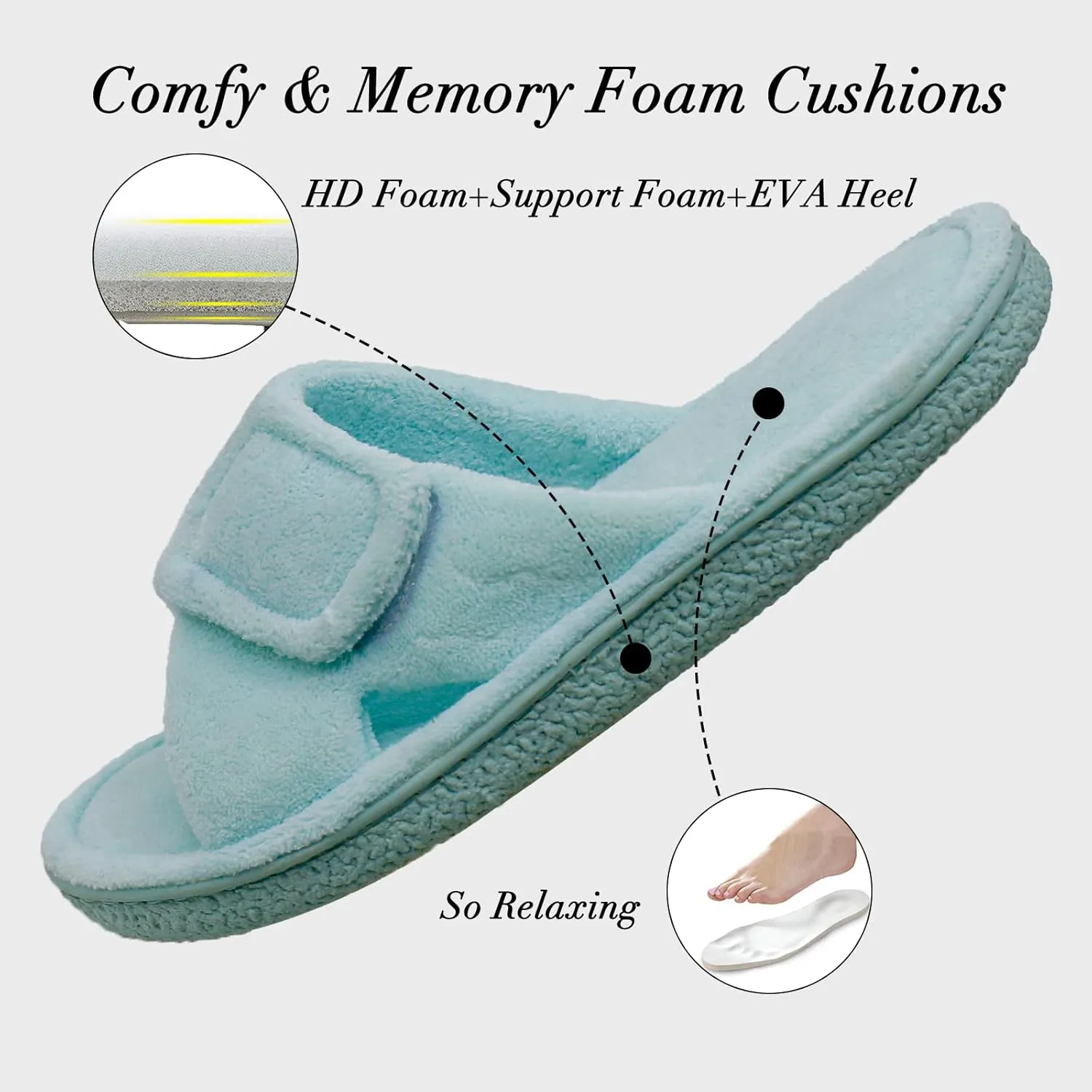 Magtoe Adjustable Open Toe House Slippers for Women Memory Foam Indoor Slip on Slides Sandals Lady Home Shoes for Air Conditioning Room,Spa,Bedroom,All Seasons