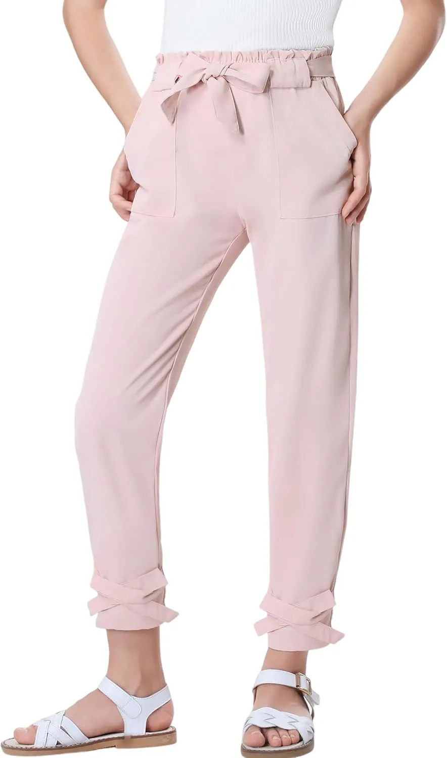 Mebius Girls Elastic Paperbag Pants Tapered High Waist Belted with Bow Knot Pockets Ankle Length Casual School Trousers