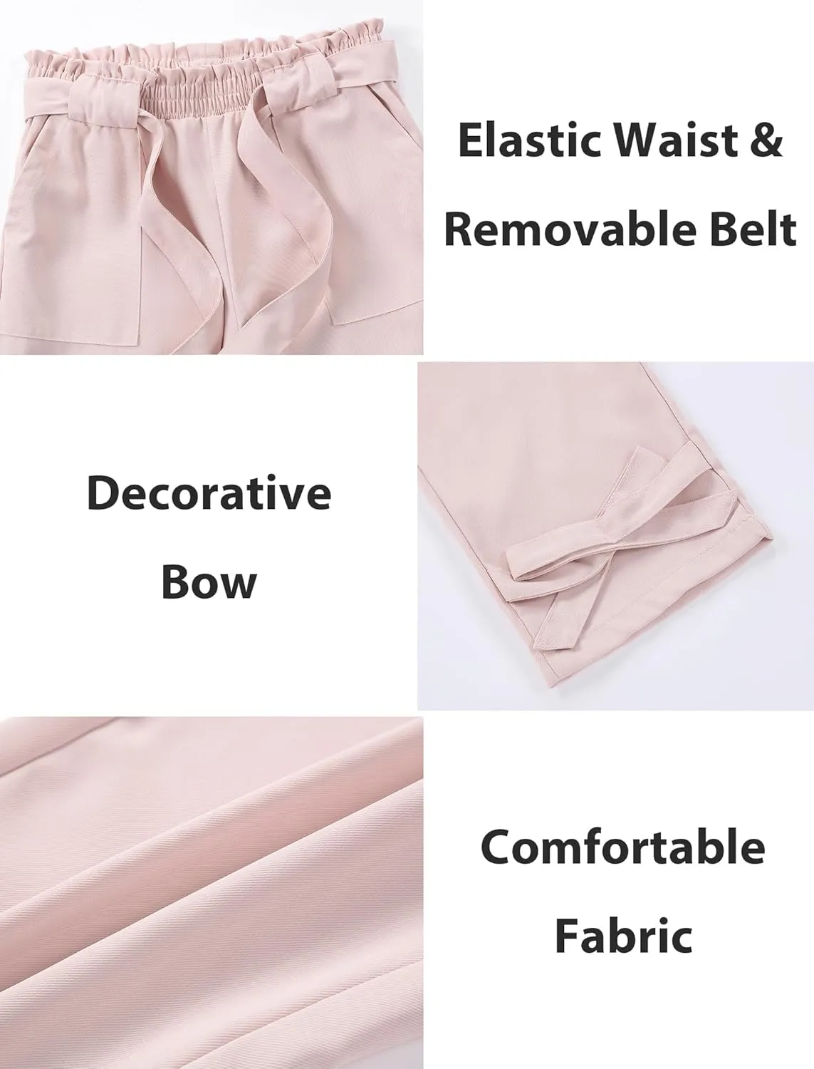 Mebius Girls Elastic Paperbag Pants Tapered High Waist Belted with Bow Knot Pockets Ankle Length Casual School Trousers