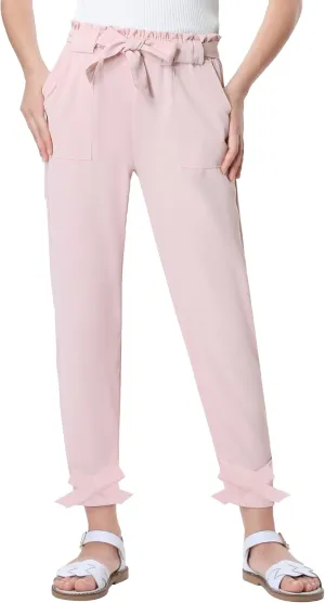 Mebius Girls Elastic Paperbag Pants Tapered High Waist Belted with Bow Knot Pockets Ankle Length Casual School Trousers