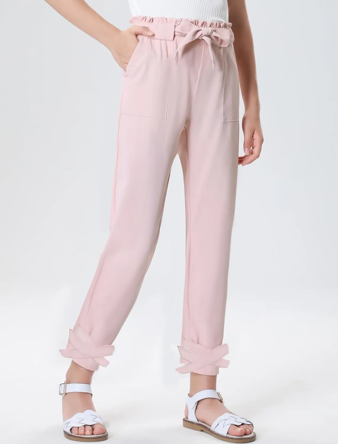 Mebius Girls Elastic Paperbag Pants Tapered High Waist Belted with Bow Knot Pockets Ankle Length Casual School Trousers
