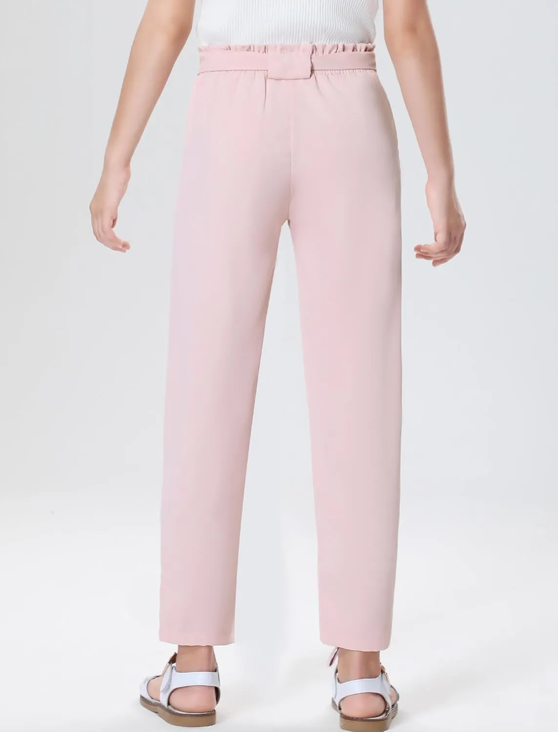Mebius Girls Elastic Paperbag Pants Tapered High Waist Belted with Bow Knot Pockets Ankle Length Casual School Trousers