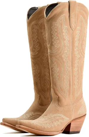 Meefit Cowboy Boots for Women Knee High Cowgirl Boots Pointed Toe Chunky Heel Western Retro Country Boots,Vintage Tall Boots