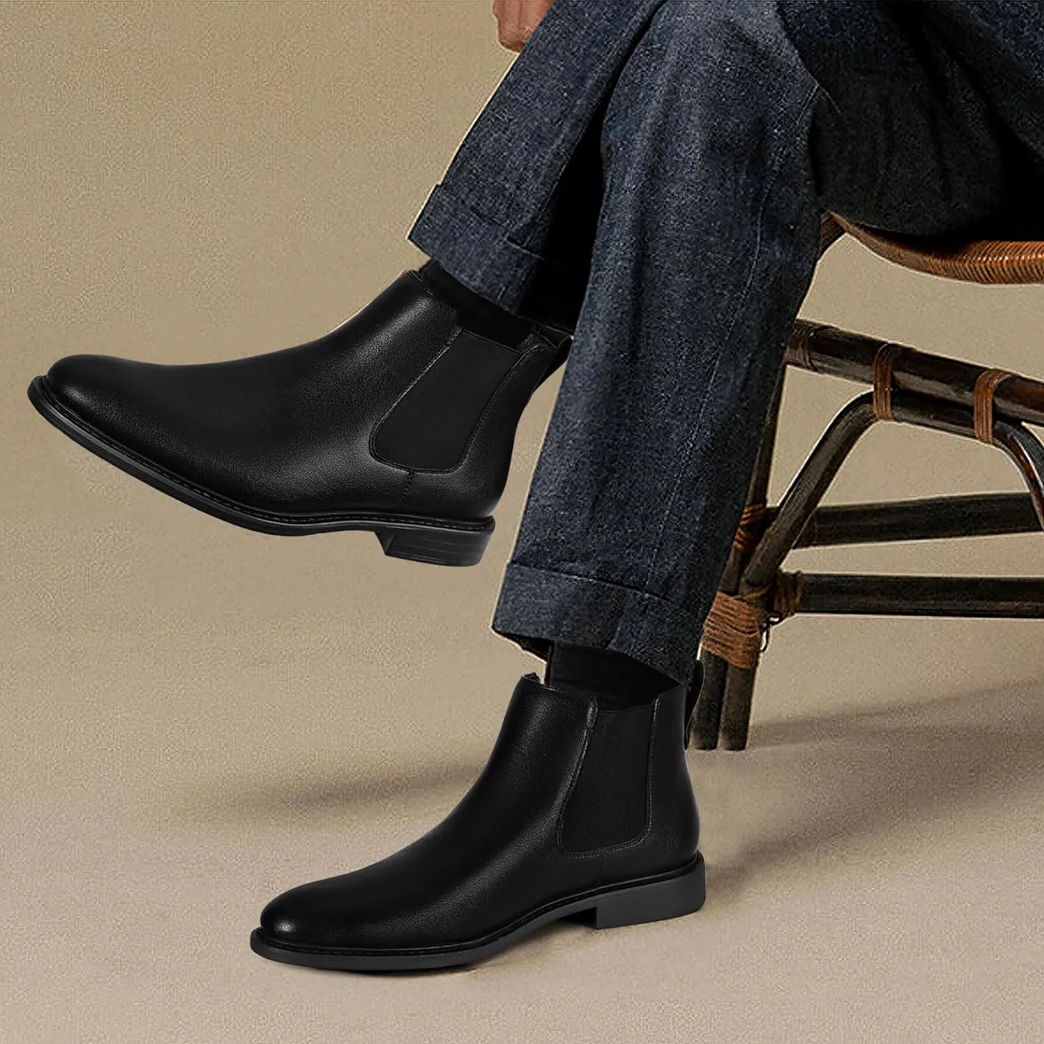 Mens Black Chelsea Boots - Classic PU Slip On Dress Boots with Side Elastic Panels - Comfort Low Heel Ankle Boots - Black 8.5