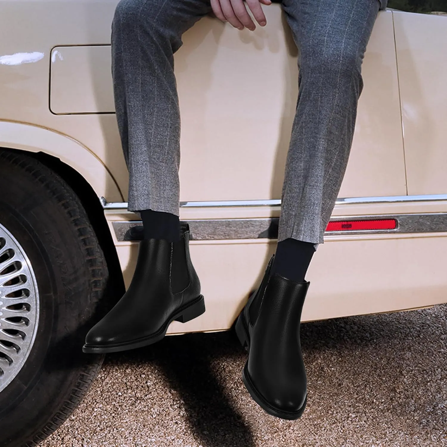 Mens Black Chelsea Boots - Classic PU Slip On Dress Boots with Side Elastic Panels - Comfort Low Heel Ankle Boots - Black 8.5