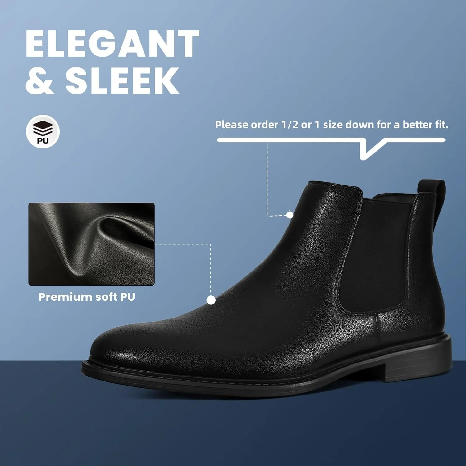 Mens Black Chelsea Boots - Classic PU Slip On Dress Boots with Side Elastic Panels - Comfort Low Heel Ankle Boots - Black 8.5